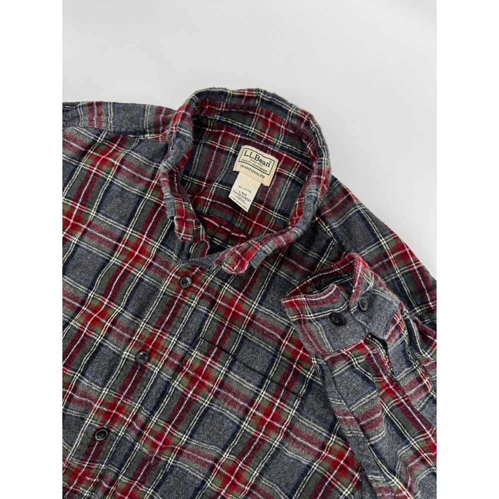 L.L.Bean Flannel Shirt Mens Large Regular Gray Red Plaid Button Up Outdoor